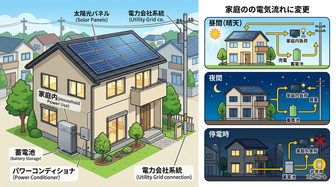 太陽光パネルと蓄電池が設置された家の外観写真と、家庭内の電気の流れ（昼間・夜間・停電時）を比較した分かりやすいイラスト]