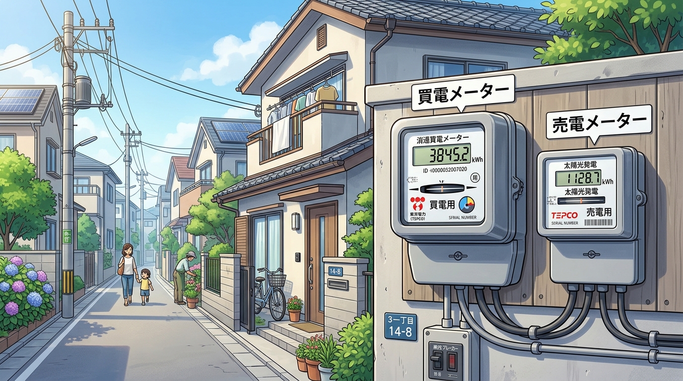 家庭に設置されている実際の売電メーターの写真。買電メーターと並んでいる様子が分かるとより良い。]