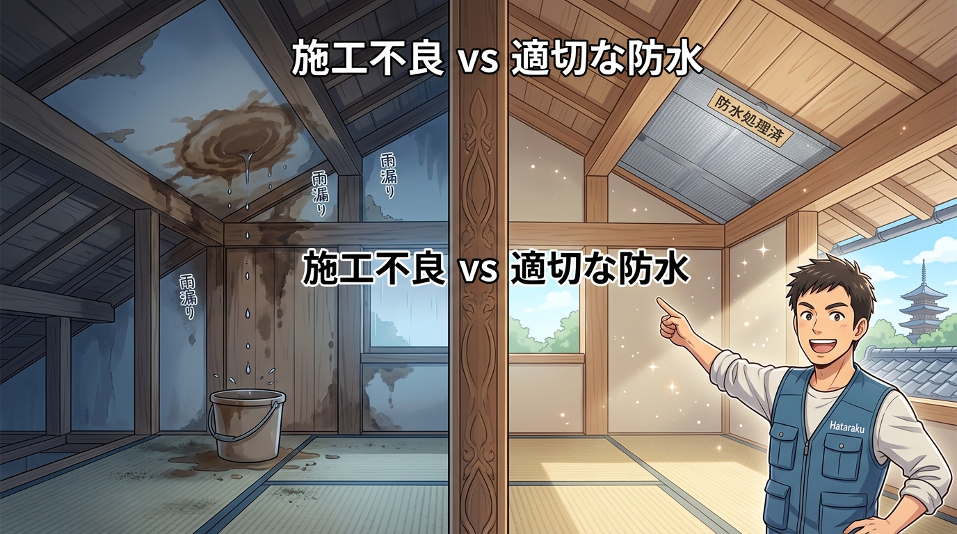 施工不良による雨漏りの写真（屋根裏のシミなど）と、適切な防水処理が施された施工箇所の比較写真]