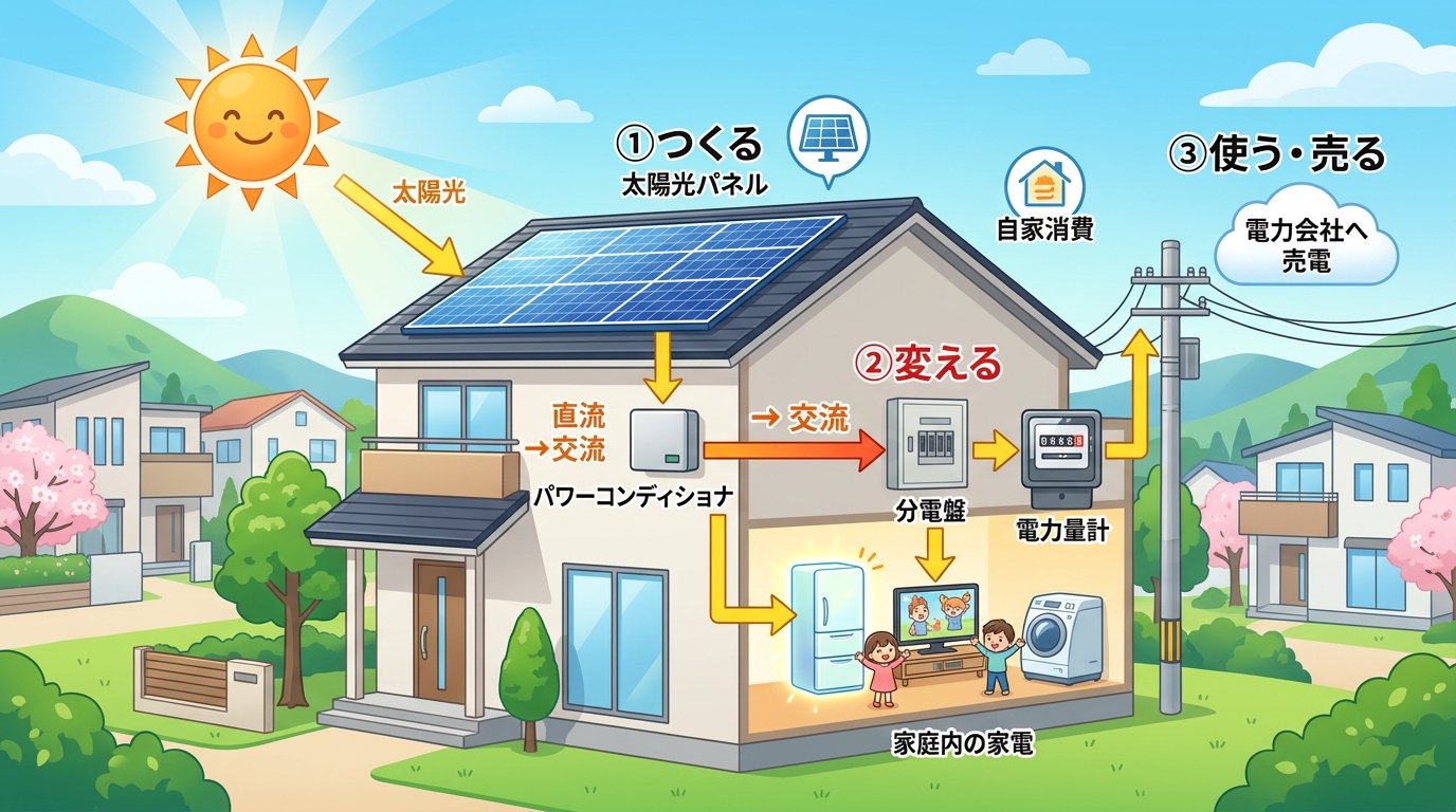 太陽光発電の「①つくる→②変える→③使う・売る」という流れが直感的にわかるインフォグラフィック。太陽→太陽光パネル→パワーコンディショナ→分電盤→(分岐して)家庭内の家電(自家消費)と電力量計→電柱(