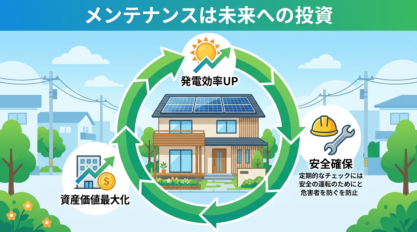 日本人と現代日本を舞台にすること, 太陽光発電メンテナンスの価値を示すインフォグラフィック。中央に太陽光パネルを載せた家を配置し、その周りを円形の矢印が囲む。矢印の上には「発電効率UP」「安全確保」「