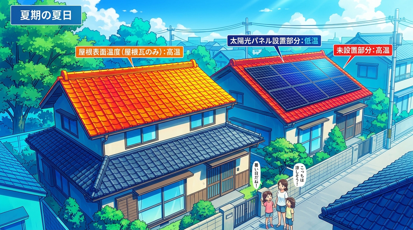 夏場の屋根の表面温度をサーモグラフィで撮影した比較画像。太陽光パネル設置部分と未設置部分で温度が大きく異なることが視覚的に分かるもの。]