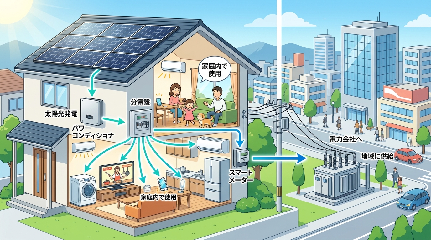 太陽光パネル→パワコン→分電盤→家庭内・電力会社という電気の流れを、家のイラストと矢印でシンプルに示したインフォグラフィック]