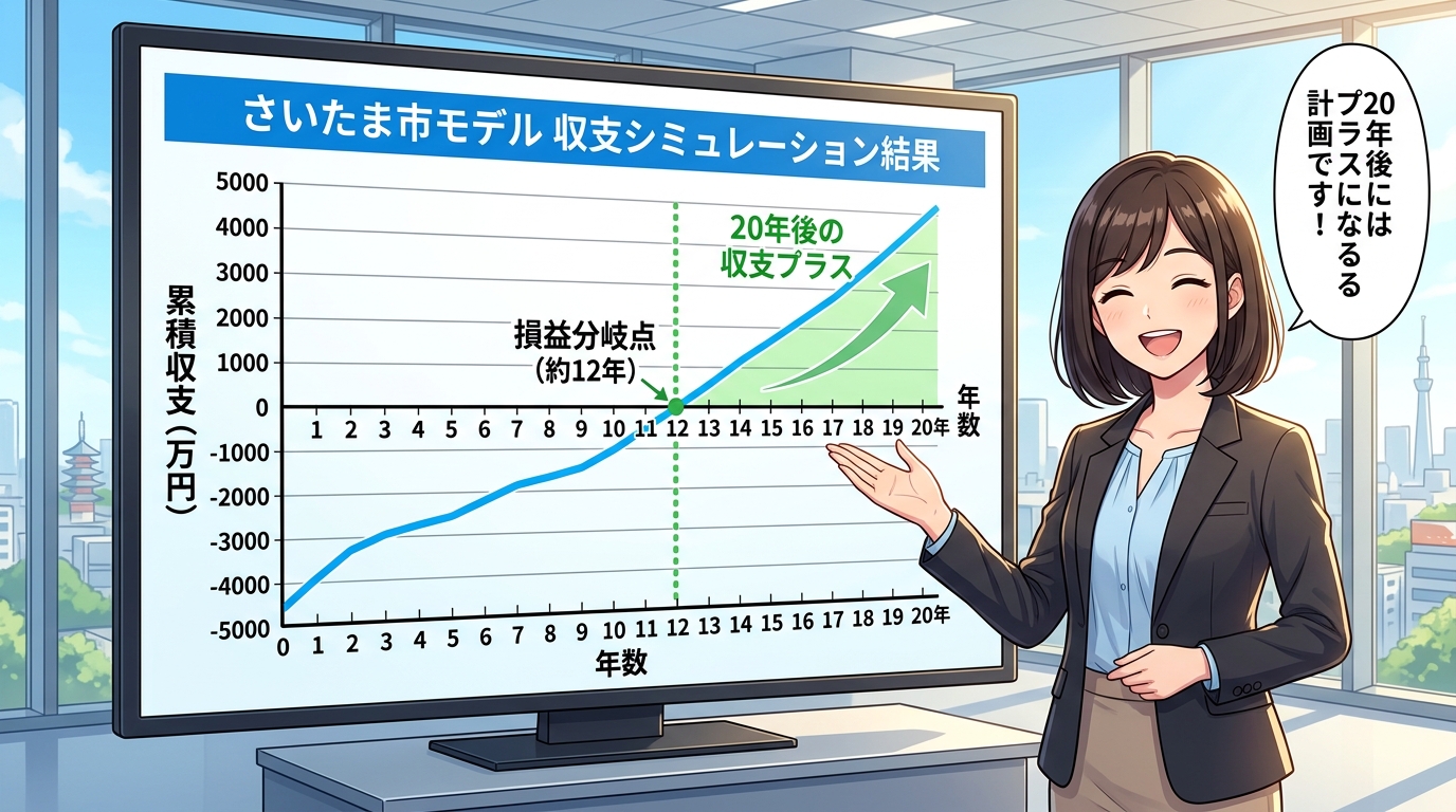 さいたま市モデルの収支シミュレーション結果を視覚化したグラフ。横軸に年数、縦軸に累積収支を取り、初期費用（マイナス）からスタートして、12年目あたりで0円を突破し、20年後にはプラスになっている様子が
