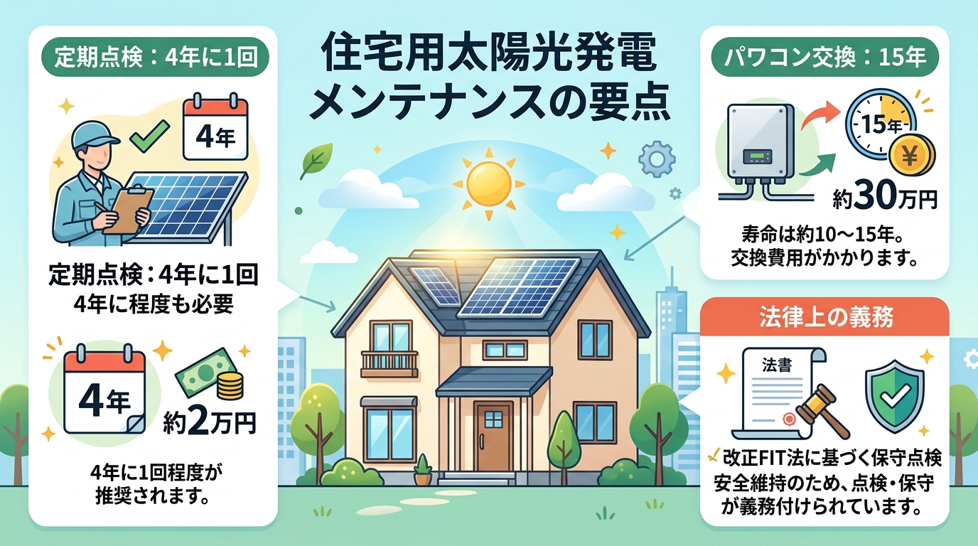 日本人と現代日本を舞台にすること, 住宅用太陽光発電メンテナンスの要点をまとめたインフォグラフィック。明るい配色のデジタルイラストで、中央に太陽光パネル付きの家を描く。その周りに「定期点検：4年に1回