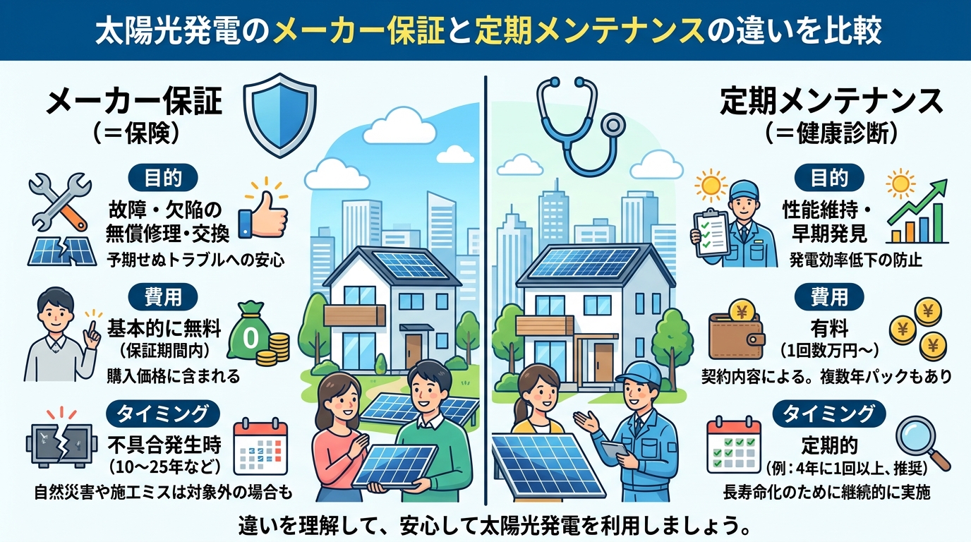 日本人と現代日本を舞台にすること, 太陽光発電の「メーカー保証」と「定期メンテナンス」の違いを比較するインフォグラフィック。明るくクリーンなデジタルイラスト。左に「保証＝保険」として盾のアイコン、右に