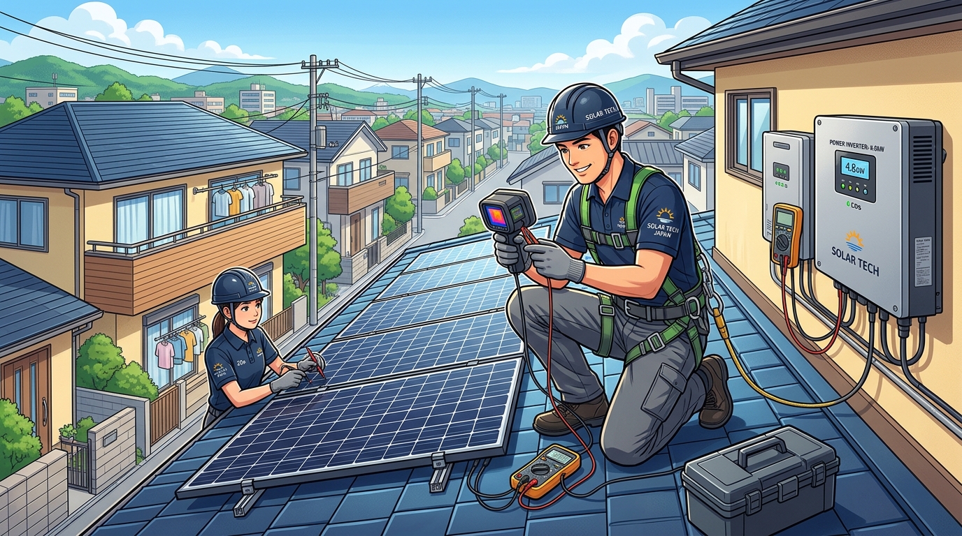 専門スタッフが屋根の上で太陽光パネルを点検している様子や、専用の計測機器を使ってパワーコンディショナをチェックしている作業風景の写真。プロに任せる安心感を伝える。]