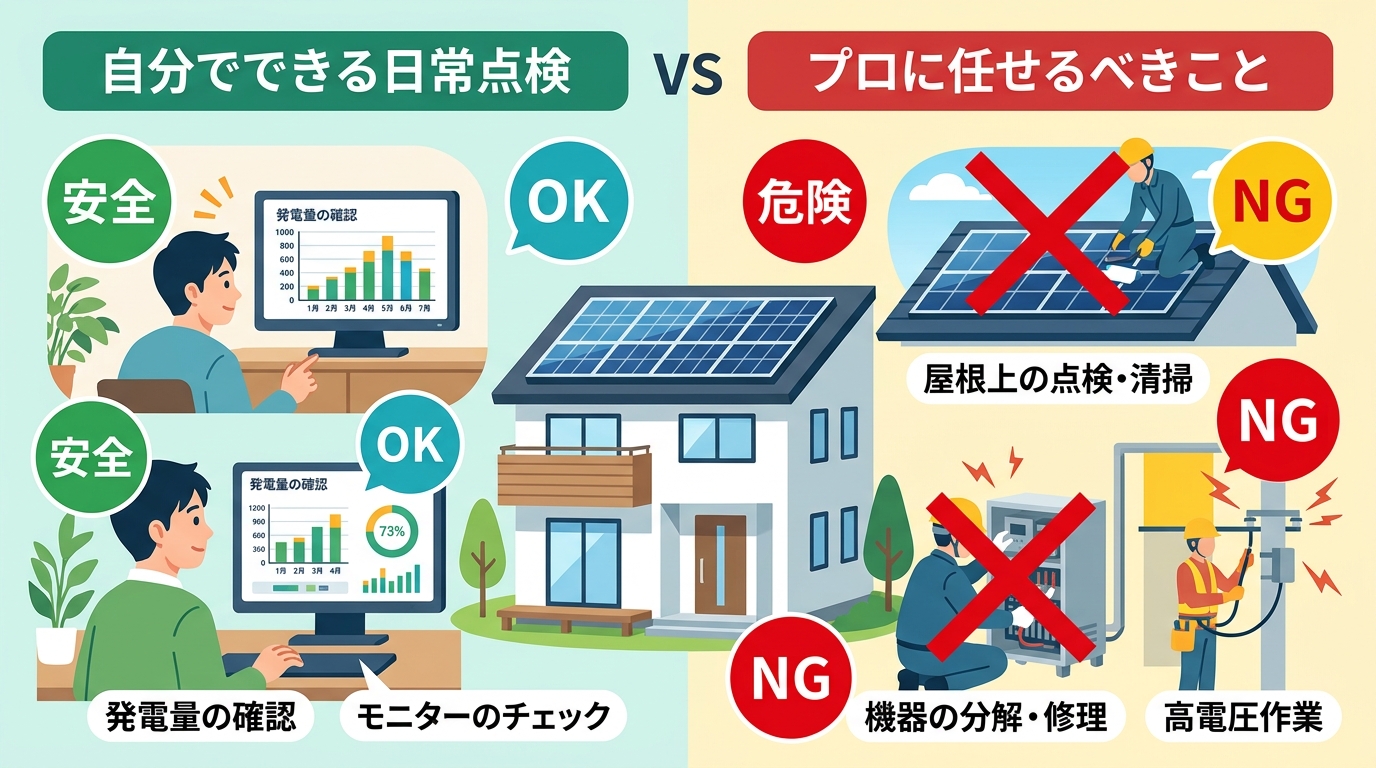 日本人と現代日本を舞台にすること, 太陽光発電メンテナンスのインフォグラフィック。左右分割の比較図で、左に「自分でできる日常点検」、右に「プロに任せるべきこと」を配置。左側は室内でモニターを確認する人