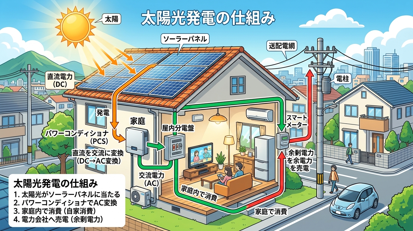 太陽光発電の仕組み（太陽光がソーラーパネルにあたり発電し、パワーコンディショナで変換され、家庭で消費されたり電力会社へ売電されたりする流れ）が一目でわかるイラスト図解]