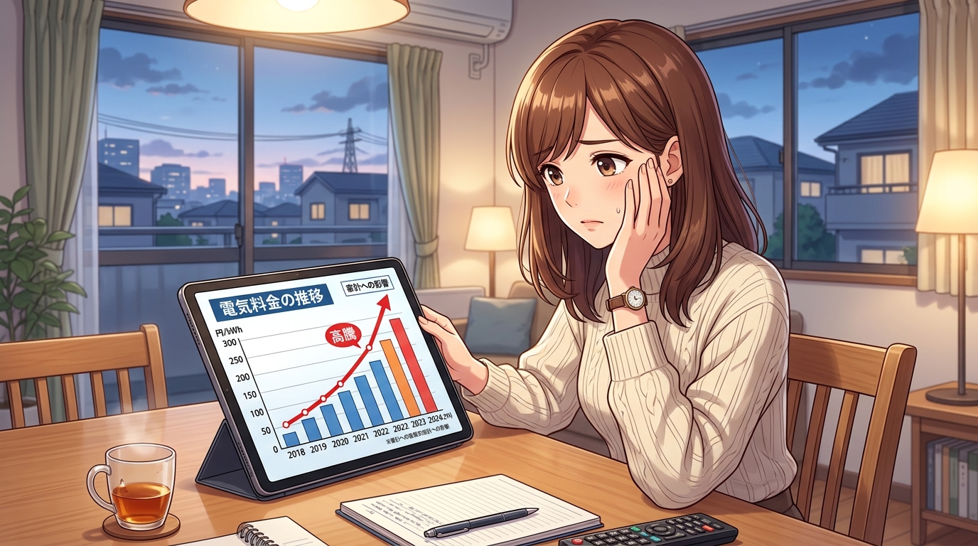 近年の電気料金の推移を示すグラフ。右肩上がりに高騰していることが一目でわかるもの。]