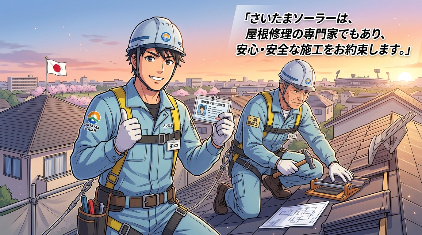スタッフが屋根工事関連の資格証を持っている写真、または実際に屋根の上で専門的な作業をしている様子の写真。キャプション例：「さいたまソーラーは、屋根修理の専門家でもあり、安心・安全な施工をお約束します。