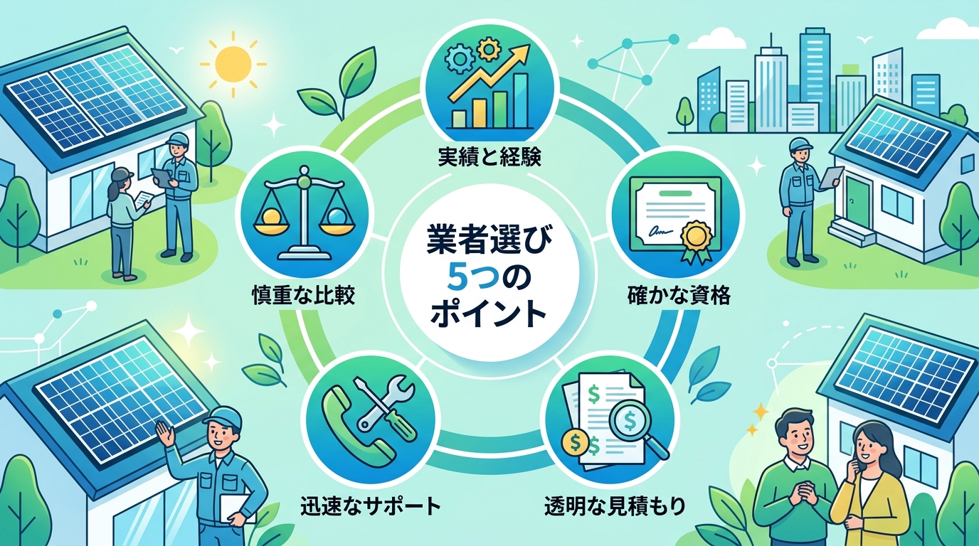日本人と現代日本を舞台にすること, 「太陽光発電メンテナンス業者の賢い選び方」というテーマのインフォグラフィック。中央に「業者選び5つのポイント」というタイトルを配置。その周りに、1.グラフのアイコン