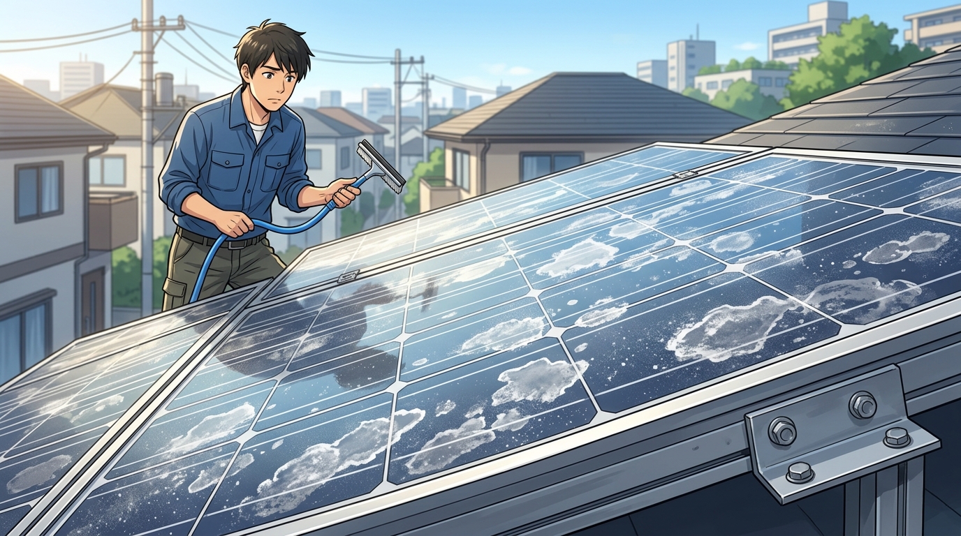 水道水で洗浄した結果、表面に白いカルキ成分がまだらに付着してしまった太陽光パネルのクローズアップ写真。]