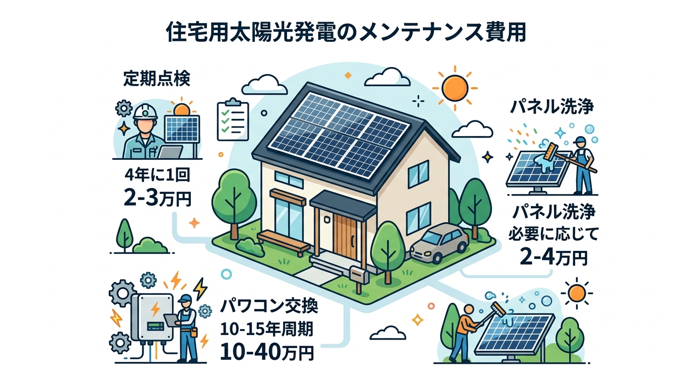 日本人と現代日本を舞台にすること, 住宅用太陽光発電のメンテナンス費用をテーマにしたインフォグラフィック。フラットデザインのデジタルイラストで、中央に太陽光パネル付きの家を配置。その周りに「定期点検：