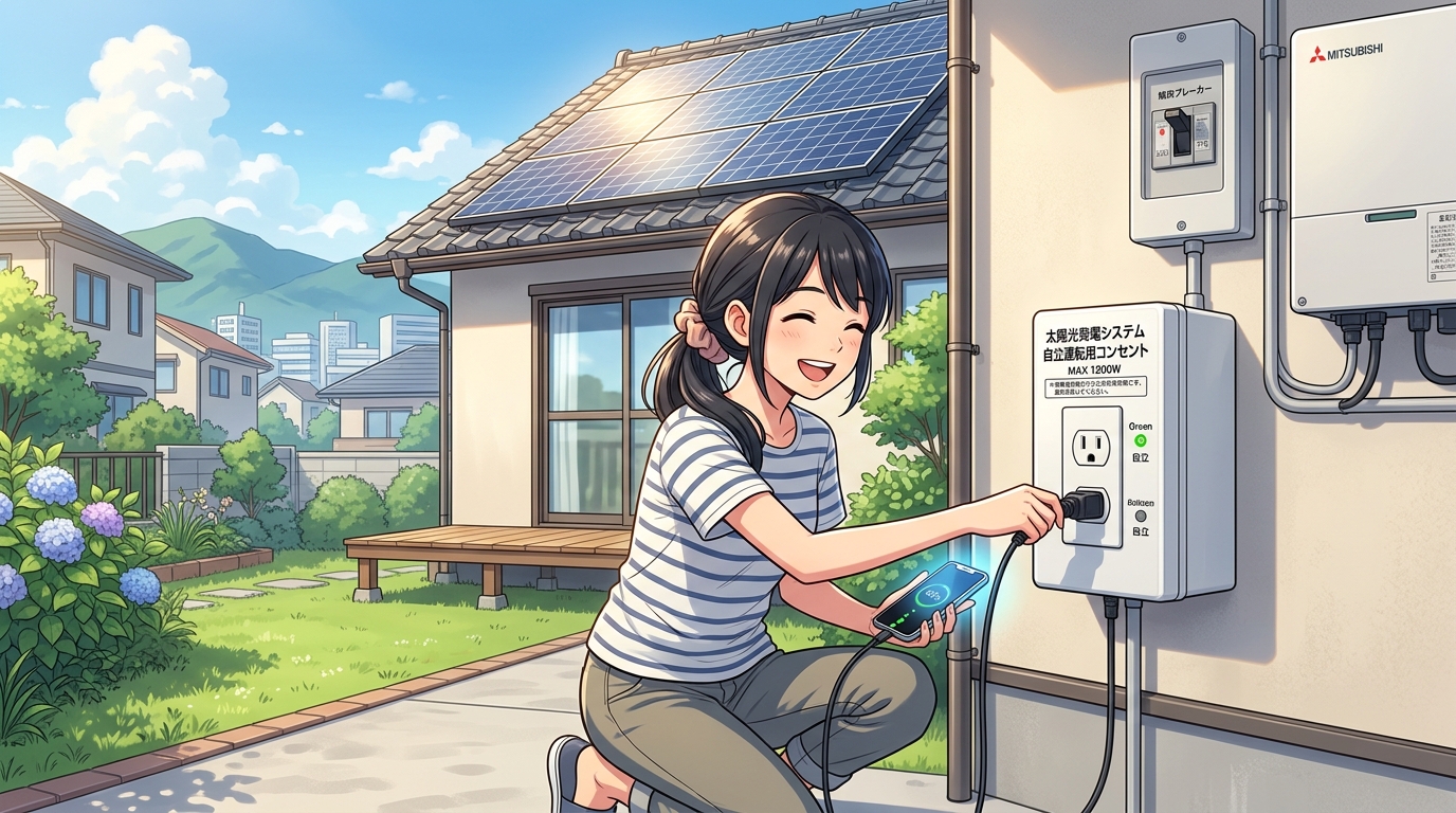 太陽光発電システムの自立運転用コンセントの写真。実際にどこに設置され、どのような形状か分かるもの。]