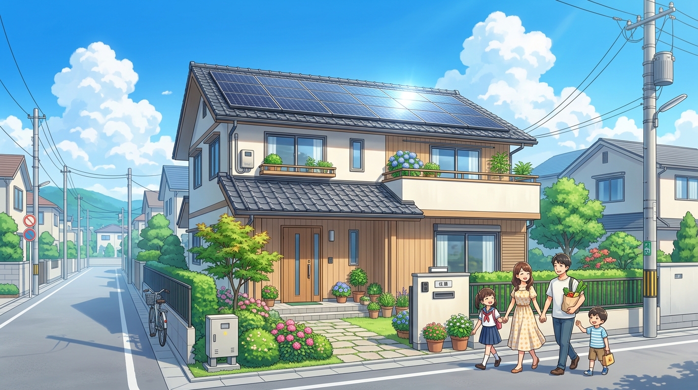 太陽光パネルが設置された住宅の外観写真。青空を背景にしたクリーンなイメージのもの]