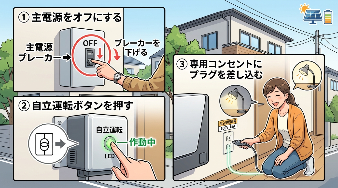 パワーコンディショナの自立運転モードへの切り替え手順を示す連続写真。①主電源をオフにする、②自立運転ボタンを押す、③専用コンセントにプラグを差し込む、といった流れがわかるもの。]