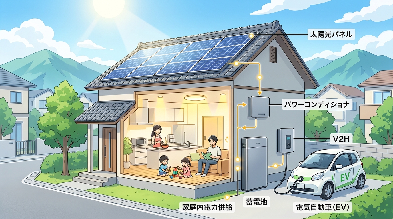 太陽光パネル、パワーコンディショナ、蓄電池、V2H、電気自動車（EV）が連携して家庭に電力を供給している様子を示した分かりやすいイラスト図。]