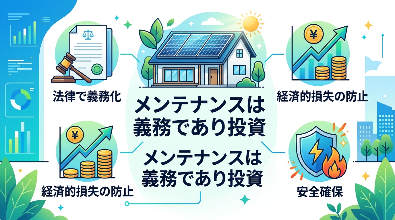 日本人と現代日本を舞台にすること, 太陽光発電メンテナンスの重要性を伝えるインフォグラグラフィック。中央に「メンテナンスは義務であり投資」という文字と太陽光パネルが乗った家のイラスト。その周りに3つの