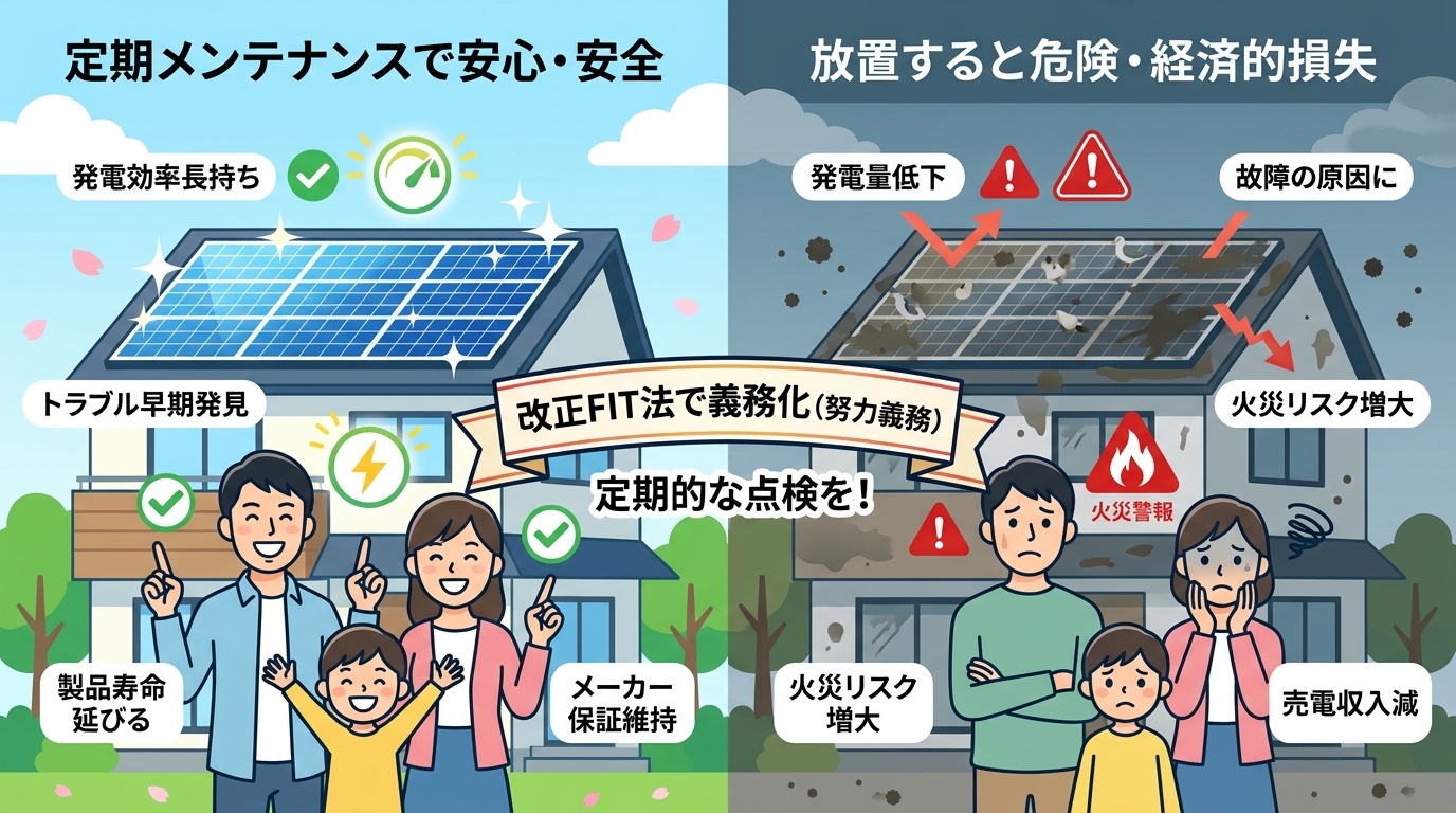 日本人と現代日本を舞台にすること, 住宅用太陽光発電メンテナンスの重要性を示すインフォグラフィック。画面を左右に分割し、左側は定期メンテナンスで「安心・安全」な状態を輝くパネルと笑顔の家族で、右側は放