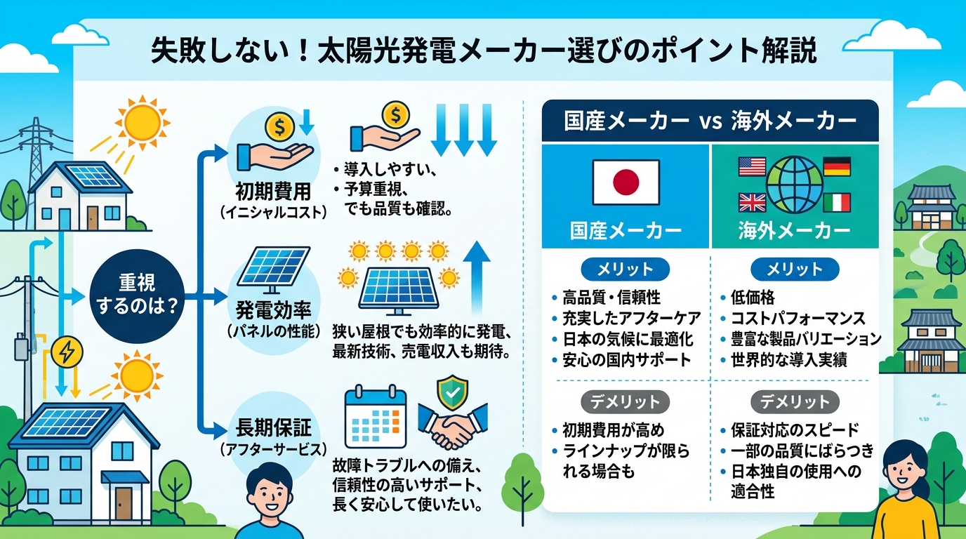 日本人と現代日本を舞台にすること, 太陽光発電メーカー選びのポイントを解説するインフォグラフィック。「重視するのは？」という問いから「初期費用」「発電効率」「長期保証」の3つに分岐するフローチャートと