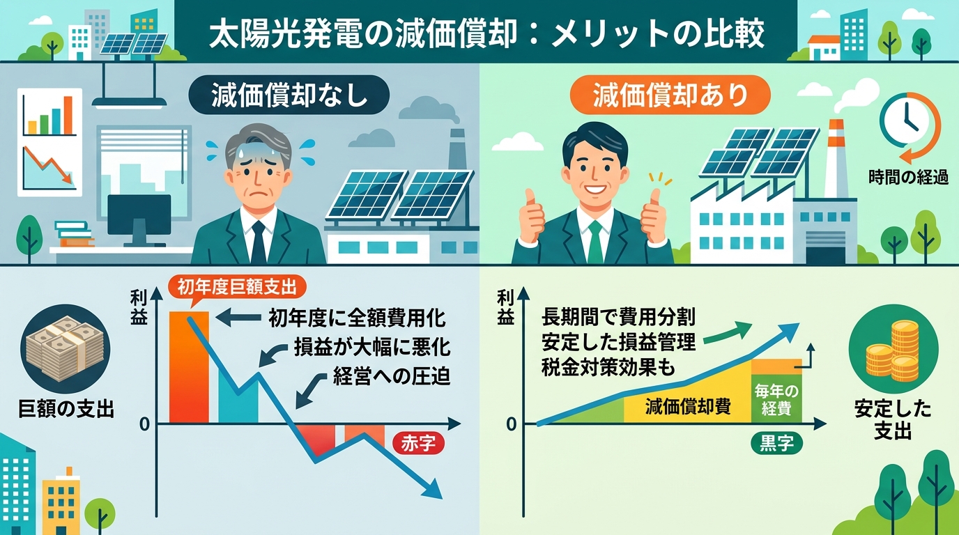 日本人と現代日本を舞台にすること, 「太陽光発電の減価償却」を解説するインフォグラフィック。画面を左右に分割した比較図。左は「減価償却なし」で、初年度に巨額の支出で損益グラフが急降下し困る経営者。右は