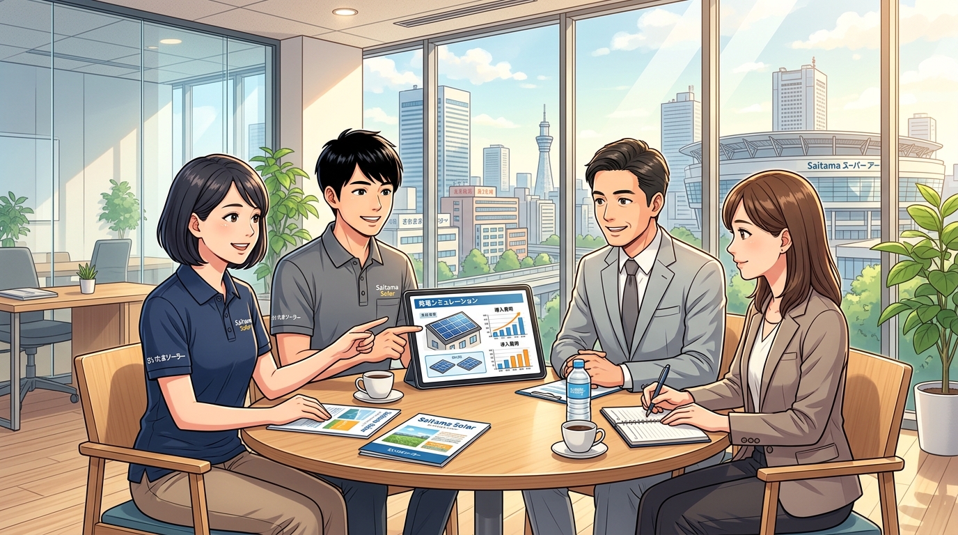さいたまソーラーのスタッフが、企業の担当者様と和やかに打ち合わせをしている相談風景の写真。親しみやすさと専門性を伝える。]