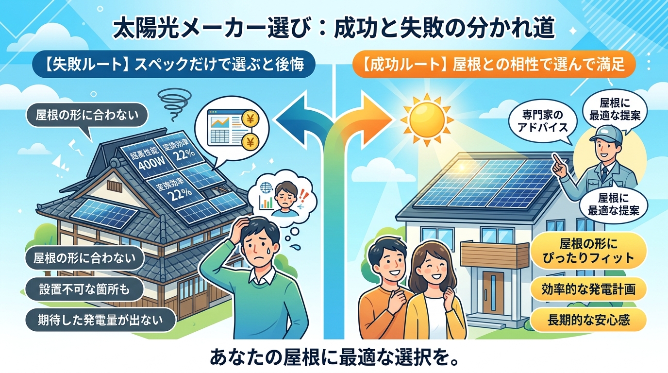 日本人と現代日本を舞台にすること, 太陽光発電メーカー選びの成功と失敗を比較するインフォグラフィック。左側に「スペックだけで選ぶと後悔」として、複雑な形の屋根に合わない高性能パネルが置かれ困惑する人物