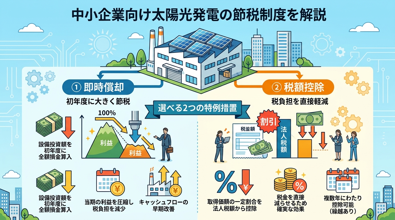 日本人と現代日本を舞台にすること, 中小企業向け太陽光発電の節税制度を解説するインフォグラフィック。中央に太陽光パネル付きの工場を配置。そこから左右に分岐し、「即時償却」と「税額控除」を比較する図解。