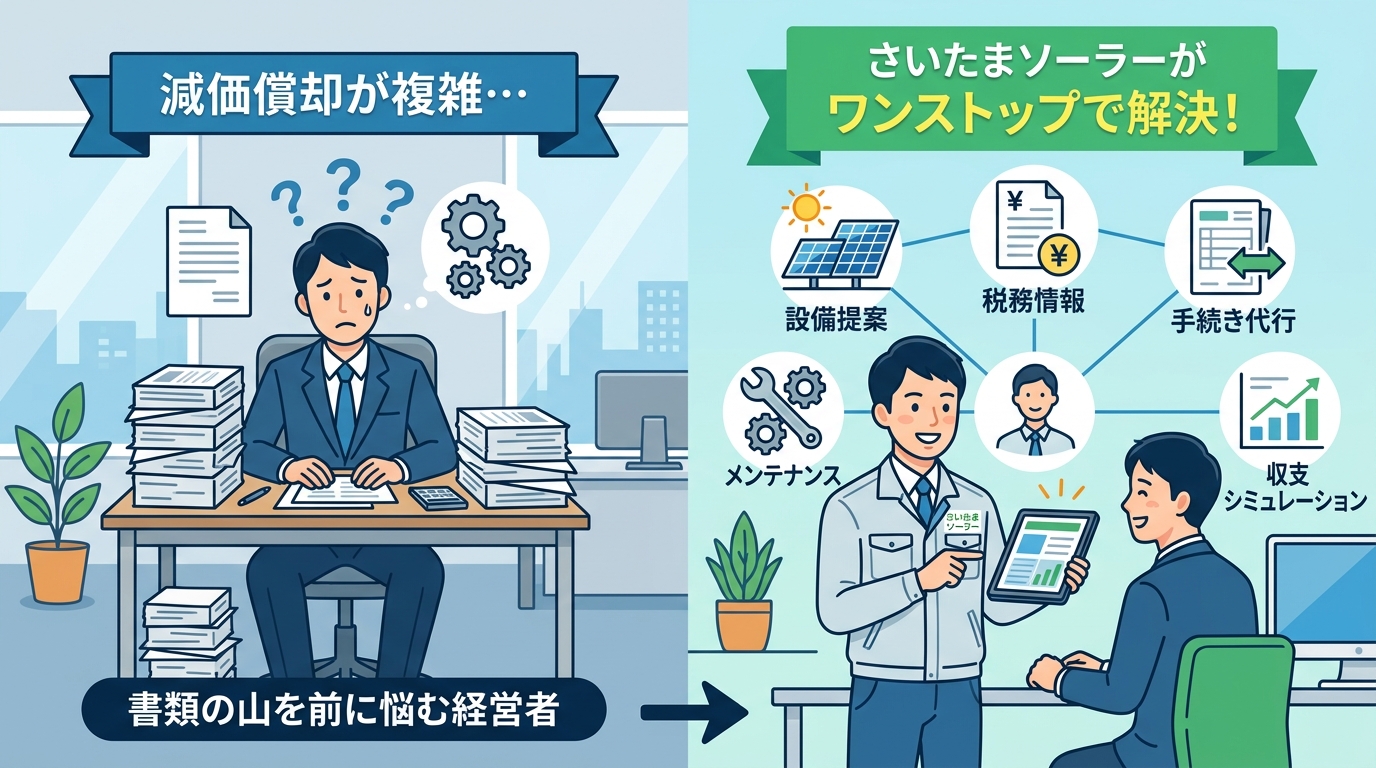 日本人と現代日本を舞台にすること, インフォグラフィック、比較図。左に「減価償却が複雑…」と書類の山を前に悩む経営者。右に「さいたまソーラーがワンストップで解決！」の見出しで、専門家が笑顔の経営者に説