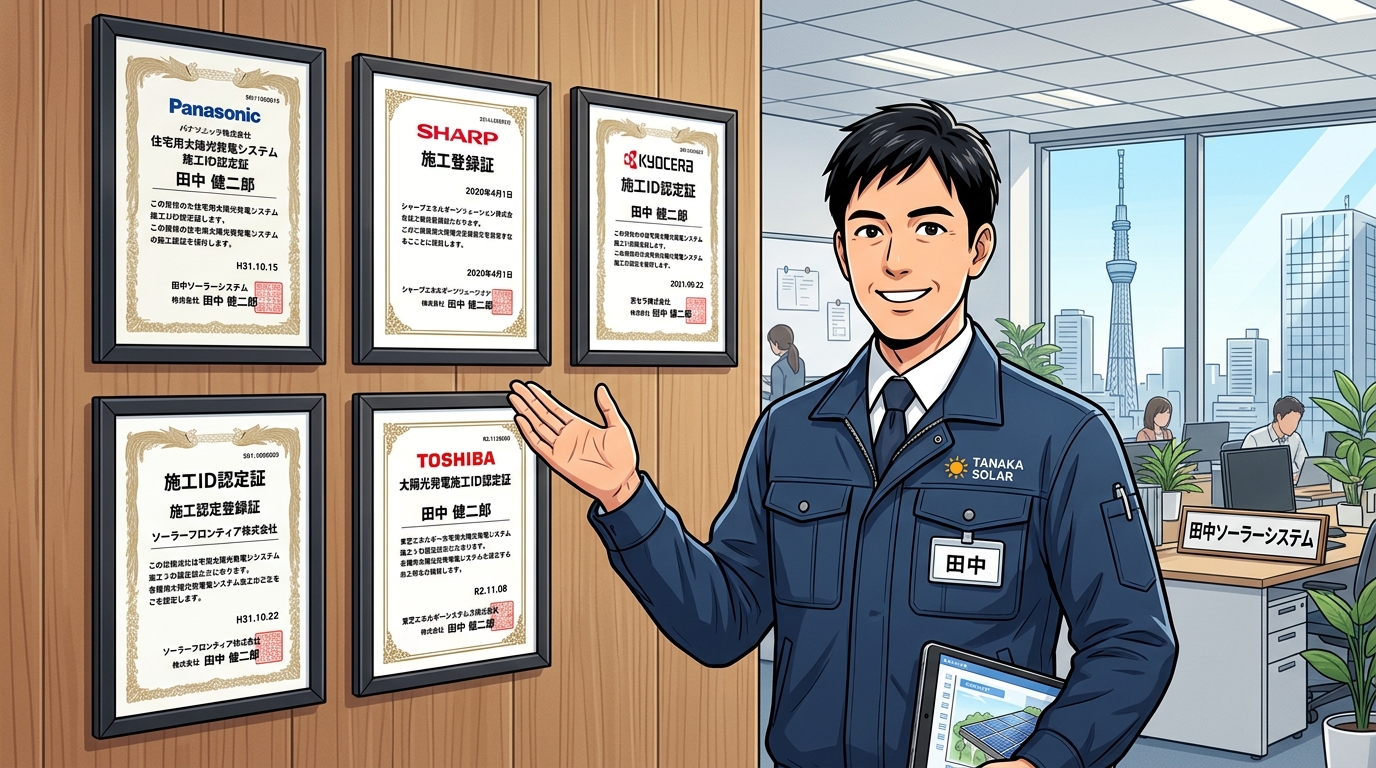 各メーカーから発行された施工ID認定証を複数枚並べた画像。会社の信頼性をアピールする。]
