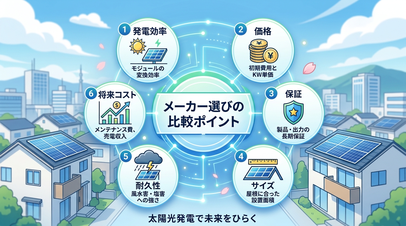日本人と現代日本を舞台にすること, 太陽光発電メーカー選びの6つの重要ポイントを示すインフォグラフィック。中央に「メーカー選びの比較ポイント」というタイトルを配置。その周りに「発電効率（太陽のアイコン
