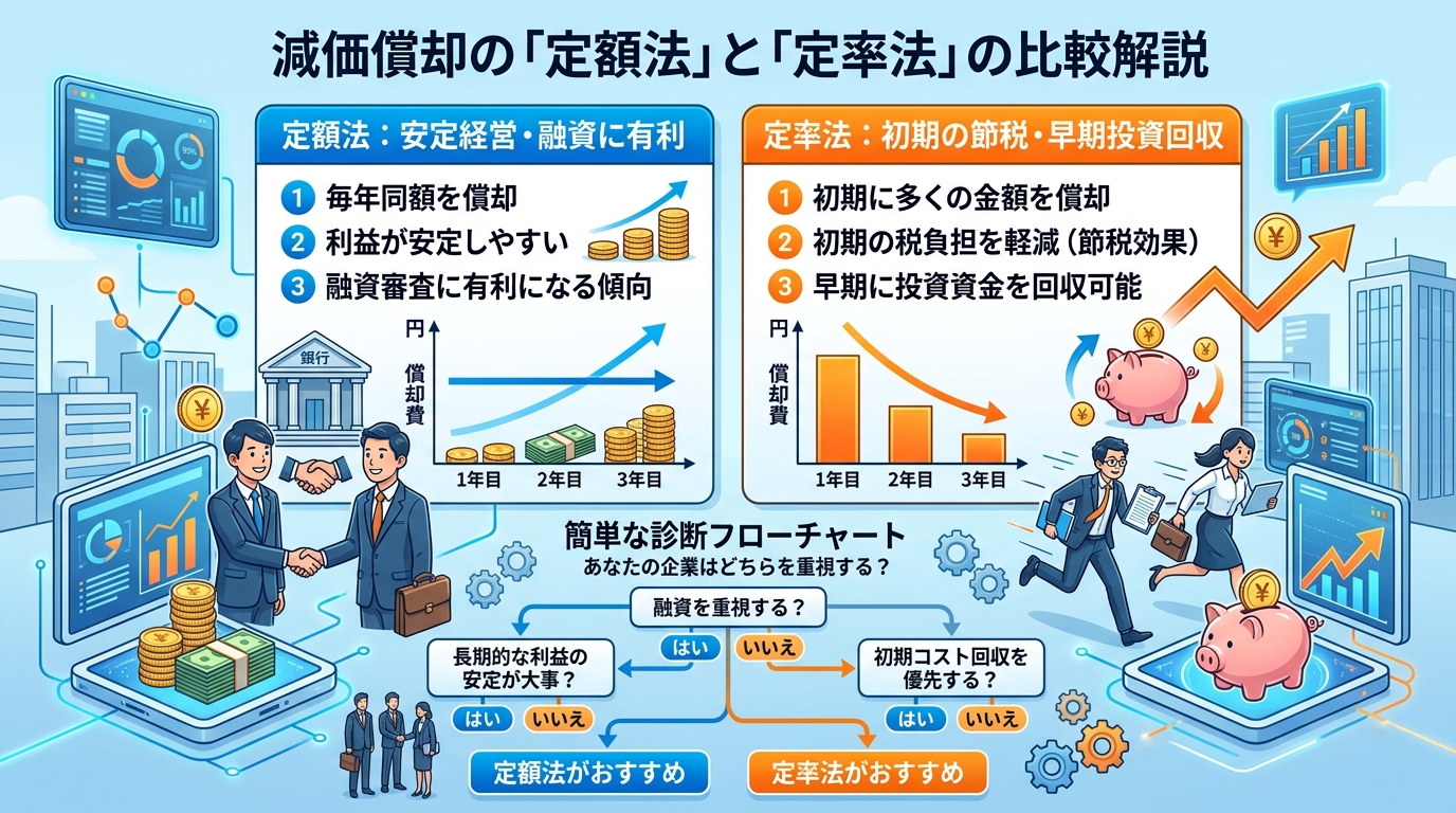 日本人と現代日本を舞台にすること, 減価償却の「定額法」と「定率法」を比較解説するインフォグラフィック。左に「定額法：安定経営・融資に有利」、右に「定率法：初期の節税・早期投資回収」を配置し、それぞれ