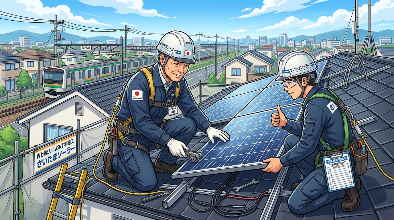 さいたまソーラーの自社職人が、安全確認をしながら丁寧にパネルを設置している施工風景の写真]