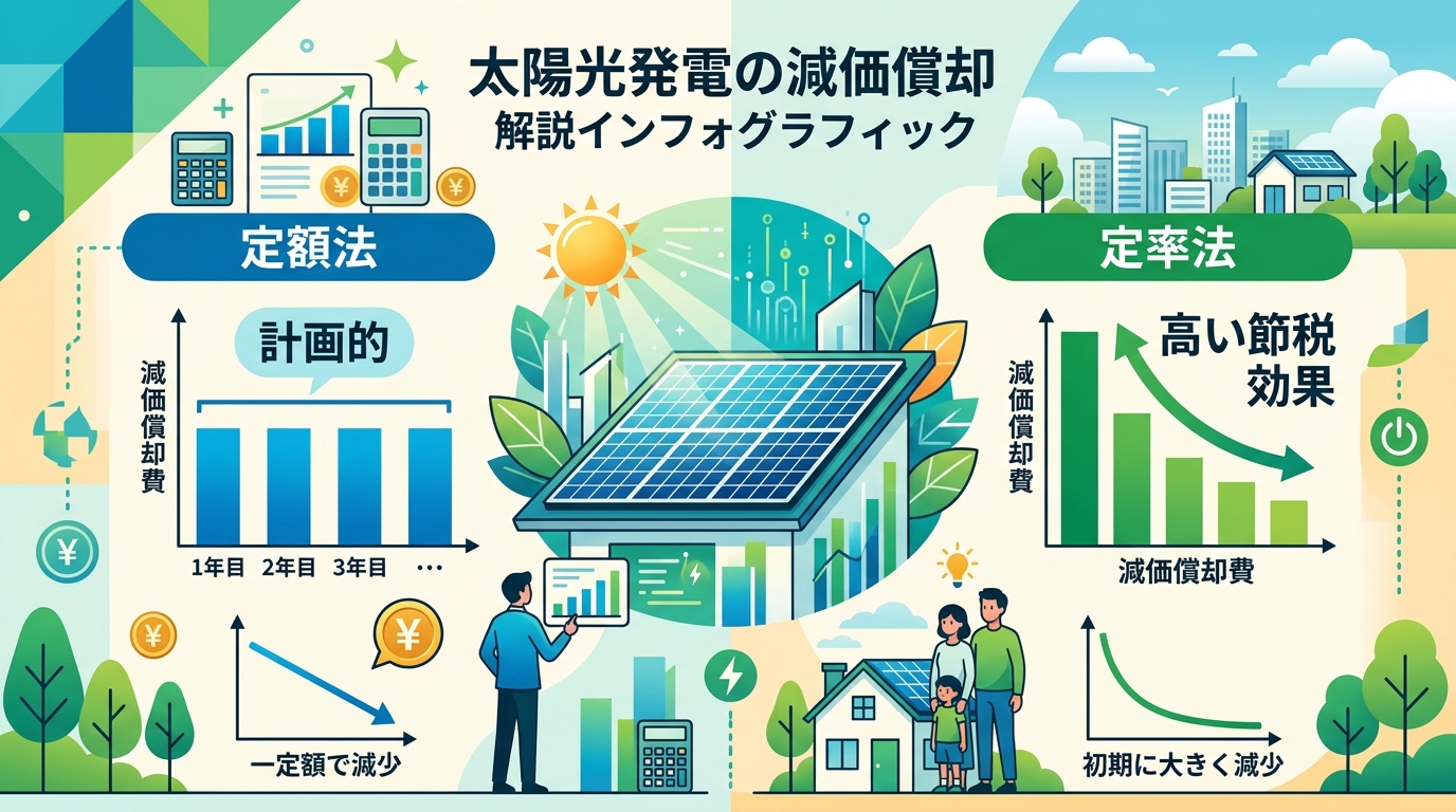 日本人と現代日本を舞台にすること, 太陽光発電の減価償却を解説するインフォグラフィック。画面を左右に分割し「定額法」と「定率法」を比較する構図。中央に太陽光パネルのイラスト。左の「定額法」は、毎年一定