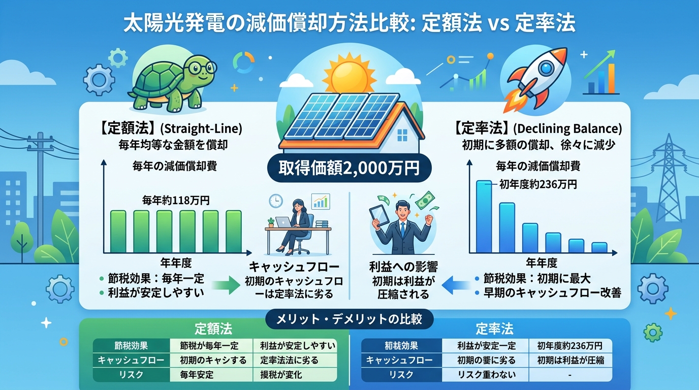 日本人と現代日本を舞台にすること, 太陽光発電の減価償却における「定額法」と「定率法」を比較するインフォグラフィック。中央に太陽光パネルのアイコンと「取得価額2,000万円」。左に「定額法」として亀の