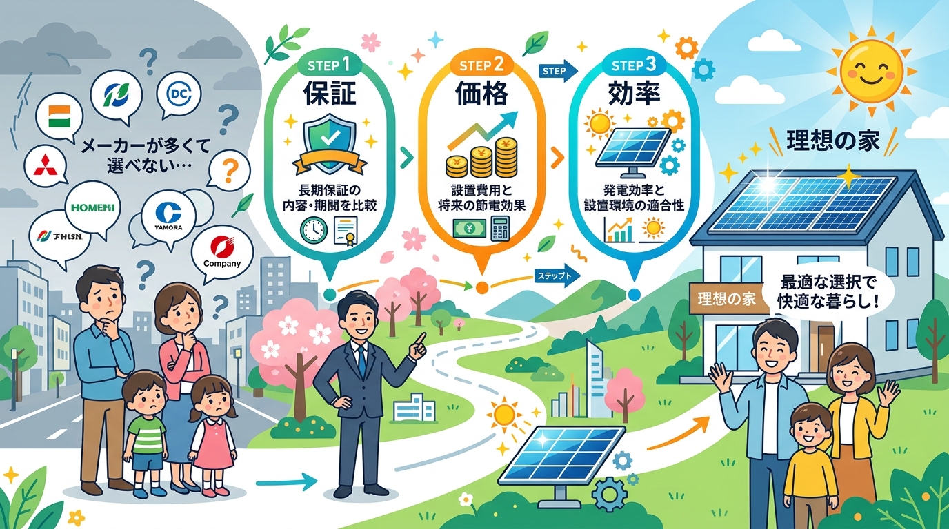 日本人と現代日本を舞台にすること, 太陽光発電メーカー選びのロードマップを描いたインフォグラフィック。左に「メーカーが多くて選べない…」と悩む家族、右に太陽光パネルが輝く「理想の家」を配置。その間を繋