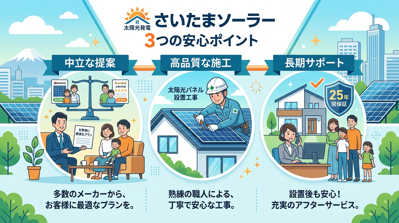 日本人と現代日本を舞台にすること, 太陽光発電業者「さいたまソーラー」の3つの強みを紹介するインフォグラフィック。フラットデザインのデジタルイラストで、明るい青と緑を基調とした清潔感のあるスタイル。中