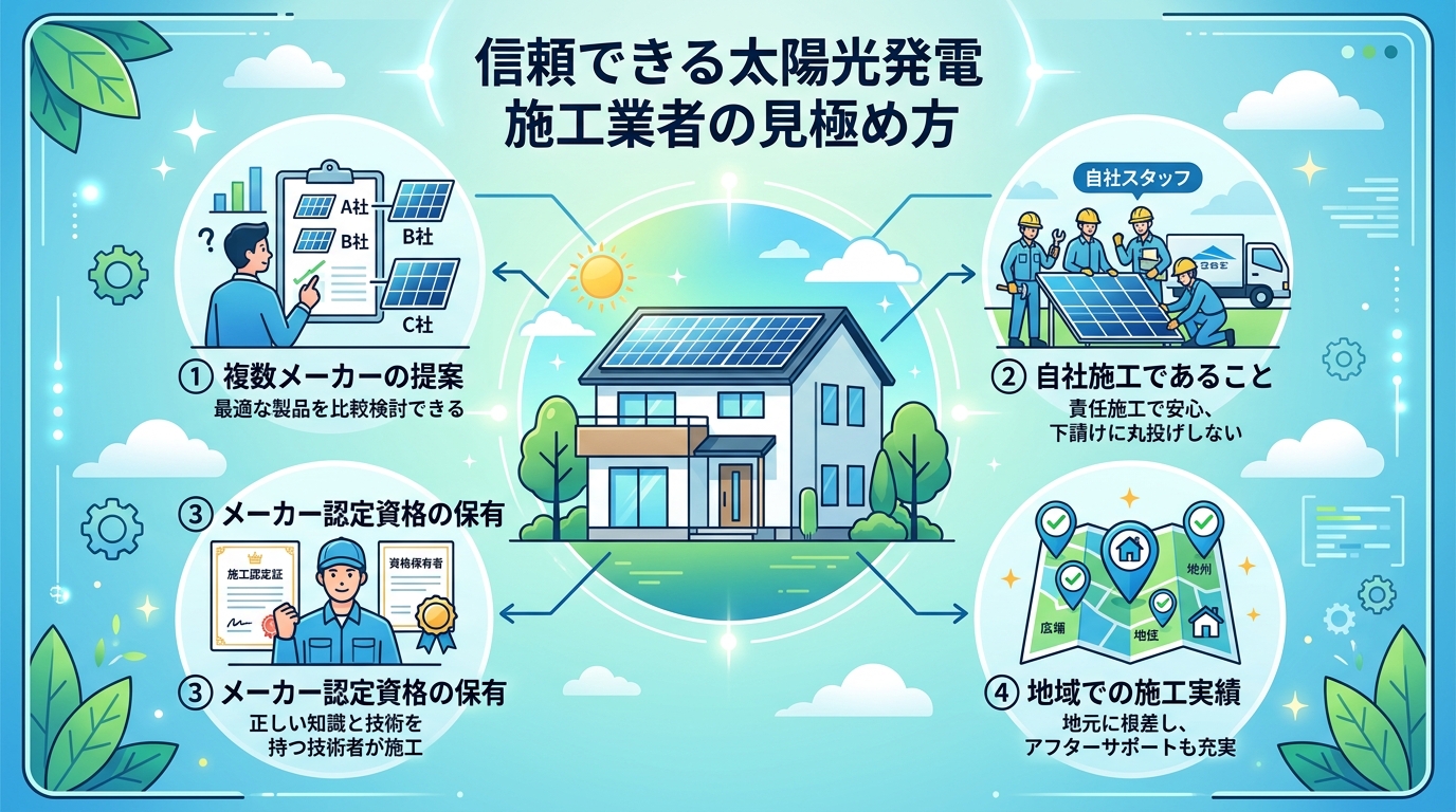 日本人と現代日本を舞台にすること, 「信頼できる太陽光発電 施工業者の見極め方」をテーマにしたインフォグラフィック。中央に太陽光パネルのある家のイラストを配置し、その周りに「複数メーカー」「自社施工」