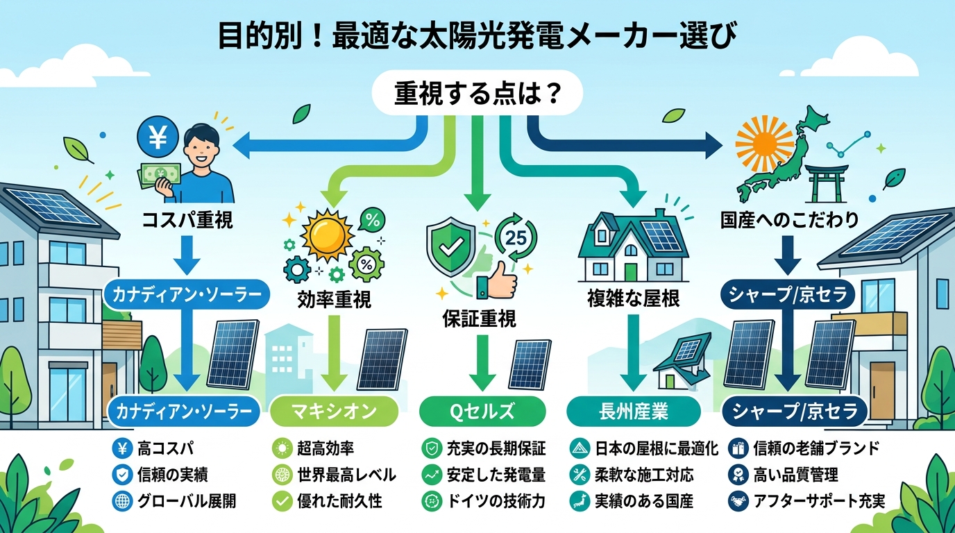 日本人と現代日本を舞台にすること, 「目的別！最適な太陽光発電メーカー選び」というタイトルのインフォグラフィック。中央の質問「重視する点は？」から5つのルートに分岐するフローチャート。「コスパ重視→カ