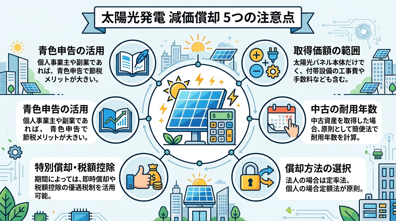 日本人と現代日本を舞台にすること, 「太陽光発電 減価償却 5つの注意点」というタイトルのインフォグラフィック。中央に太陽光パネルと電卓のアイコンを配置。その周りに「取得価額の範囲」「中古の耐用年数」