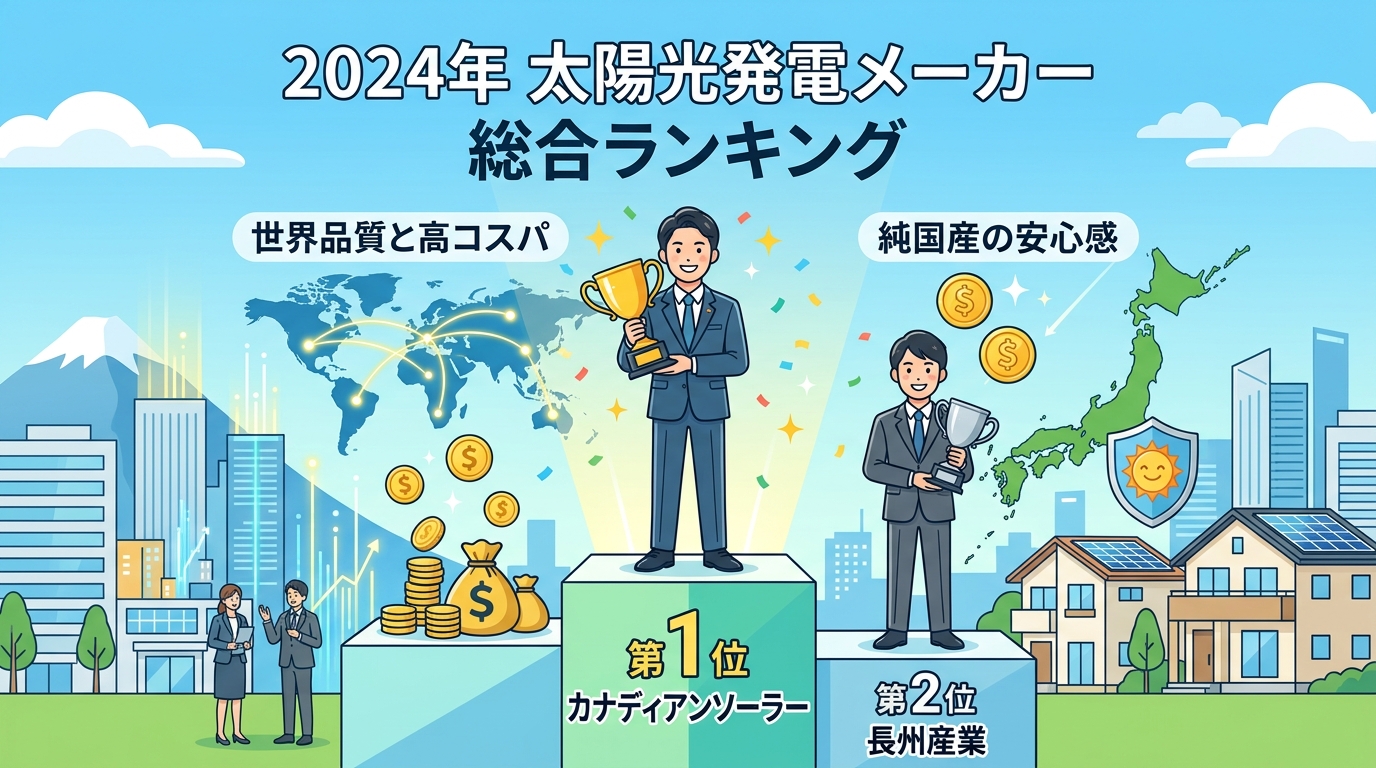日本人と現代日本を舞台にすること, 「2024年 太陽光発電メーカー 総合ランキング」というタイトルのインフォグラフィック。1位のカナディアンソーラーと2位の長州産業を表彰台で比較する構図。1位は「世