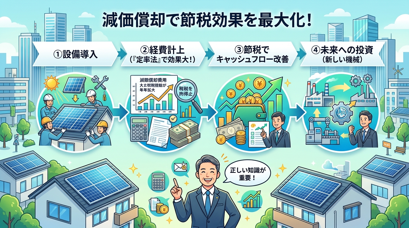 日本人と現代日本を舞台にすること, 太陽光発電の減価償却をテーマにしたインフォグラフィック。中央に「減価償却で節税効果を最大化！」と見出し。左から「①設備導入」→「②経費計上（『定率法』で効果大！）」