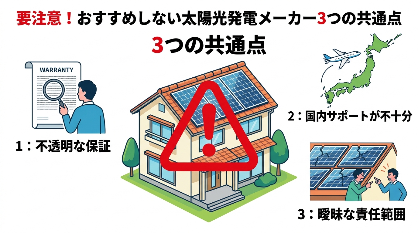 日本人と現代日本を舞台にすること, 「要注意！おすすめしない太陽光発電メーカー3つの共通点」というタイトルのインフォグラフィック。中央に家の屋根に載った太陽光パネルと大きな警告マーク。その周りに3つの