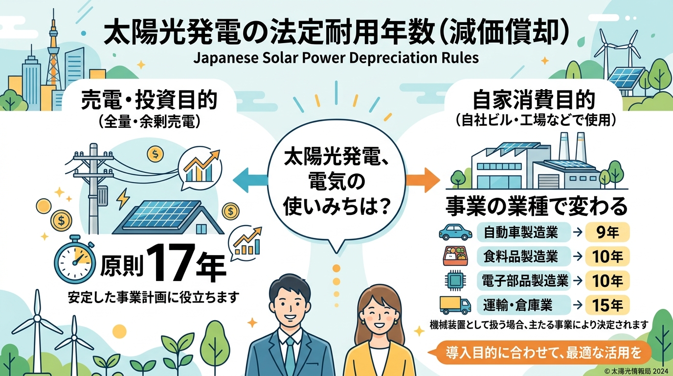 日本人と現代日本を舞台にすること, 太陽光発電の法定耐用年数をテーマにしたインフォグラフィック。中央の「電気の使いみちは？」という問いから左右に分岐するフロー図。左は「売電・投資目的」で、電柱のアイコ