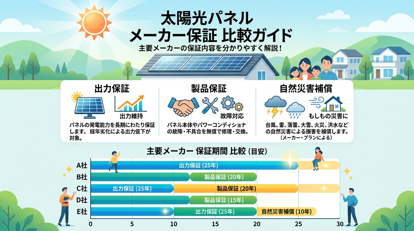 日本人と現代日本を舞台にすること, 太陽光パネルのメーカー保証を比較するインフォグラフィック。「出力保証」「製品保証」「自然災害補償」の3つの要素をアイコン付きで解説し、主要メーカー各社の保証期間を棒