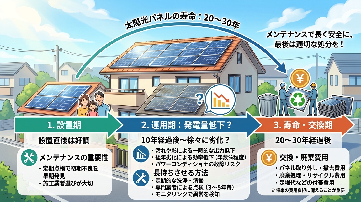 日本人と現代日本を舞台にすること, 太陽光パネルの寿命（20-30年）とメンテナンスの重要性をテーマにしたインフォグラフィック。左から右へのタイムラインで「設置→発電量低下？→寿命」の過程を図解。各段