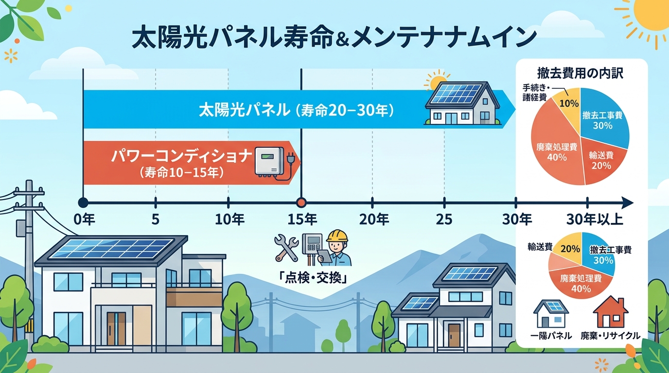 日本人と現代日本を舞台にすること, 太陽光パネルの寿命とメンテナンスのタイムラインを示すインフォグラフィック。フラットデザインの明るいデジタルイラストで作成。中央に0年から30年以上の横長のタイムライ