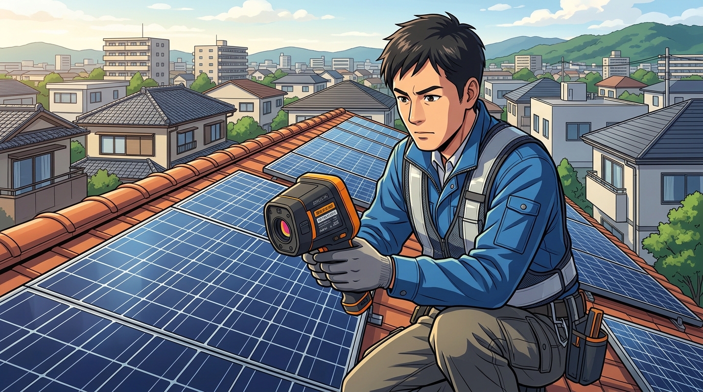 専門家が屋根の上で太陽光パネルを専用機器で点検している様子。真剣な表情で作業に集中している写真。]