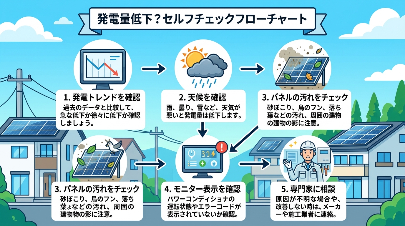 日本人と現代日本を舞台にすること, 太陽光パネルの発電量が低下した時の行動手順を示す、親しみやすいインフォグラフィック。上部に「発電量低下？セルフチェックフローチャート」と日本語で記載。矢印で繋がれた